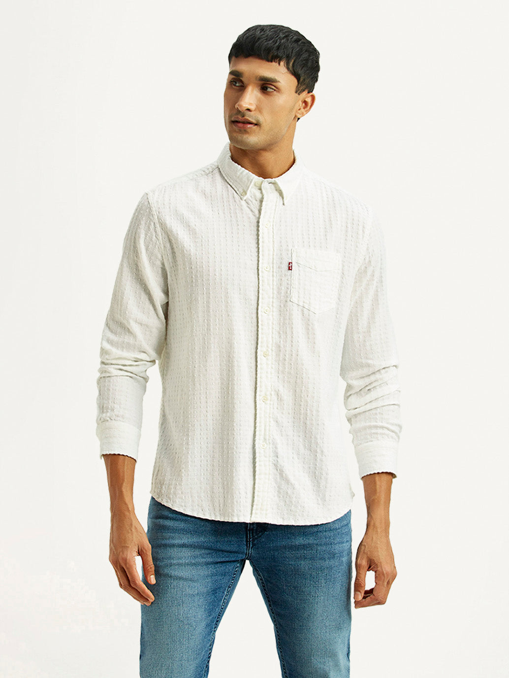 Men's Self Design White Slim Fit Shirt - Front View