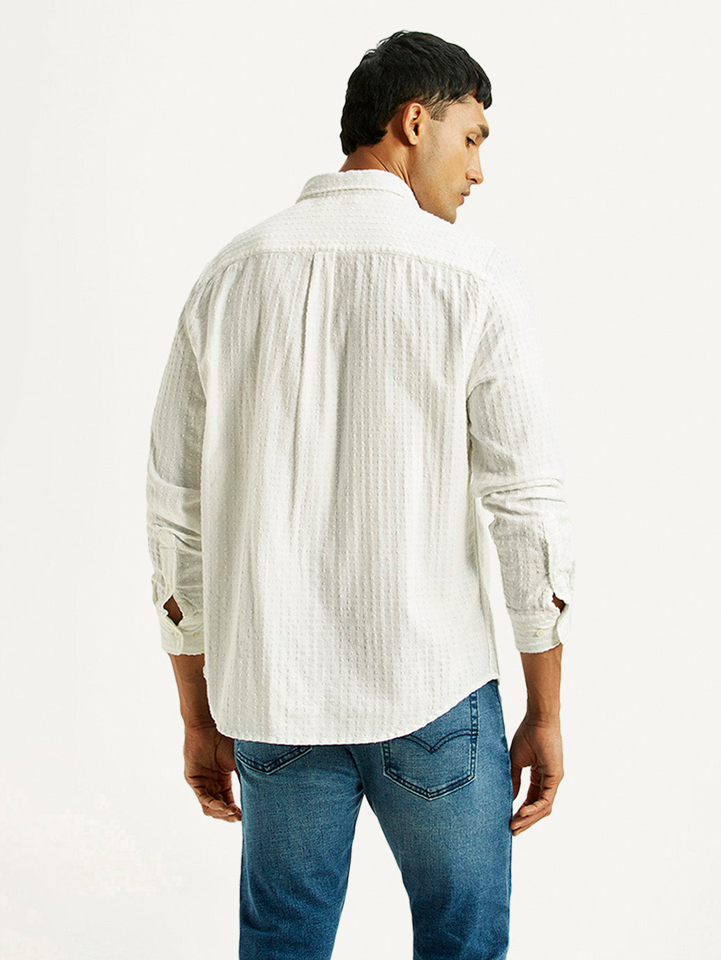 Men's Self Design White Slim Fit Shirt - Back View