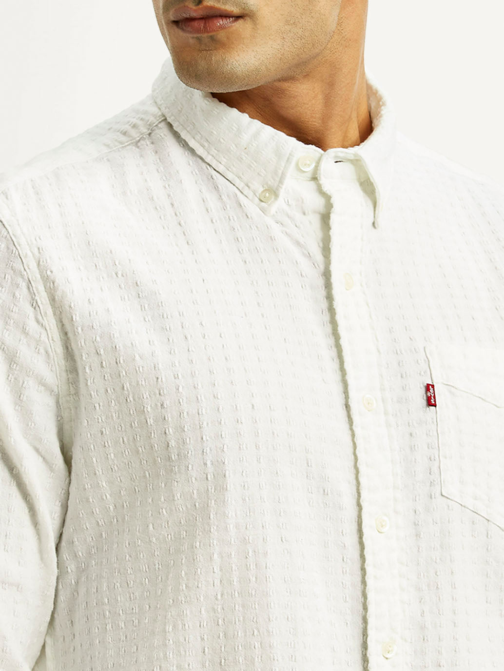 Men's Self Design White Slim Fit Shirt - Detail View