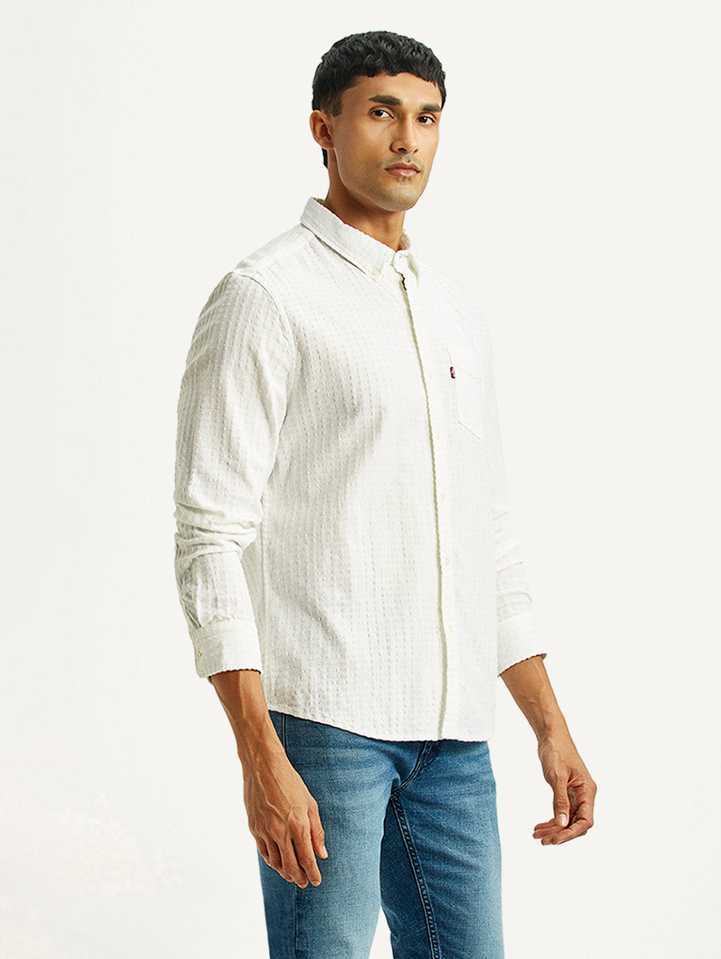 Men's Self Design White Slim Fit Shirt - Side View