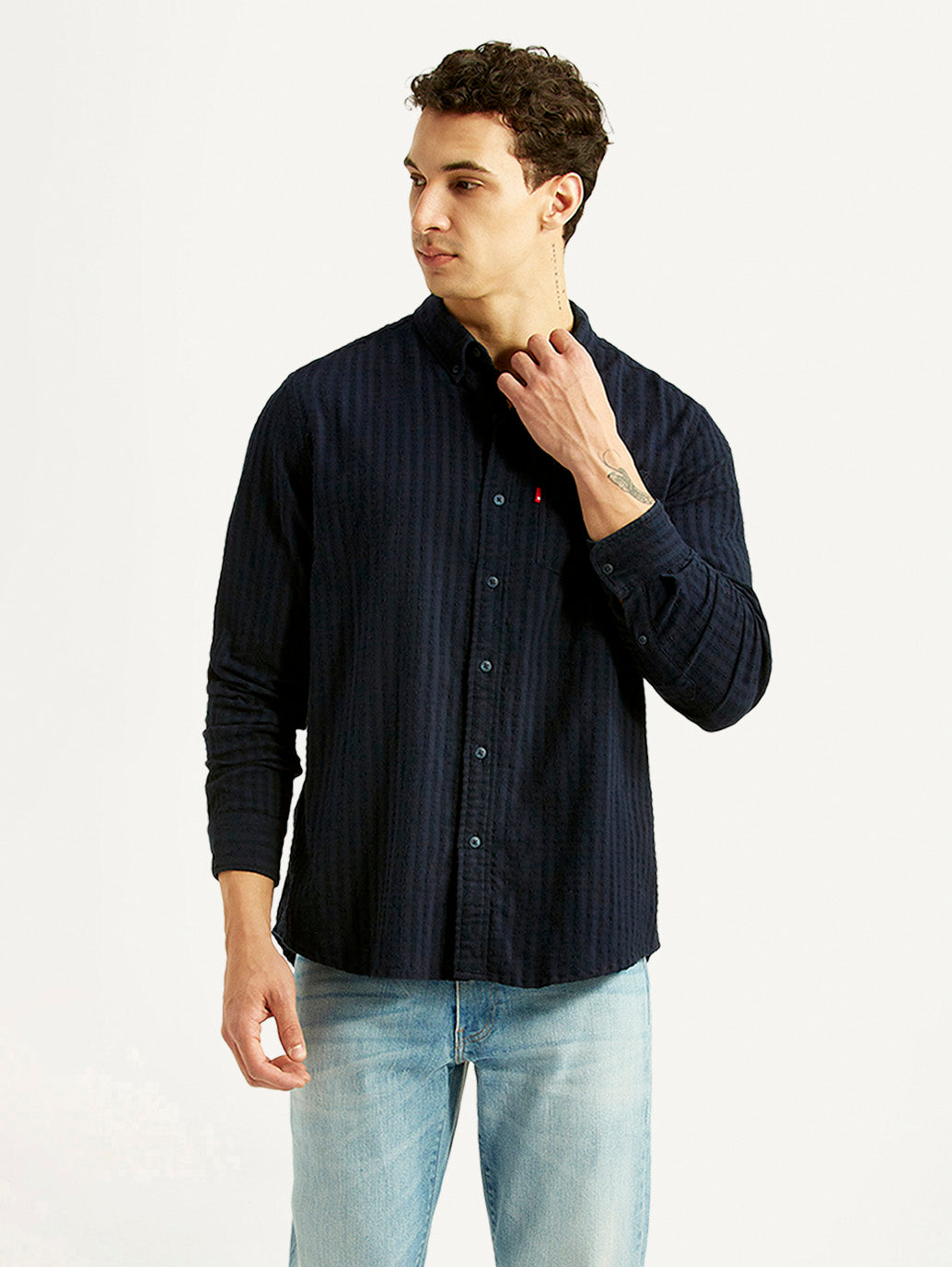 Men's Self Design Navy Slim Fit Shirt - Styleshot View