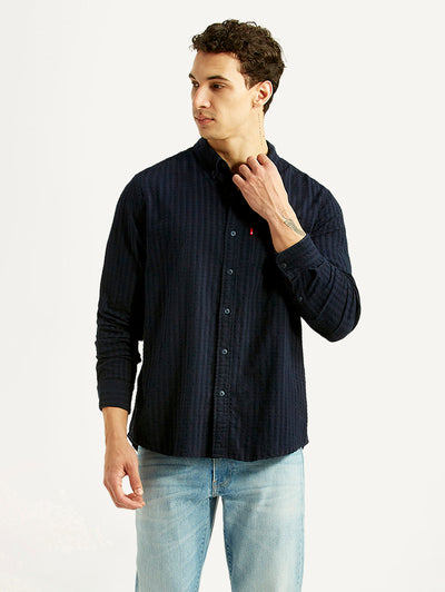 Men's Self Design Navy Slim Fit Shirt