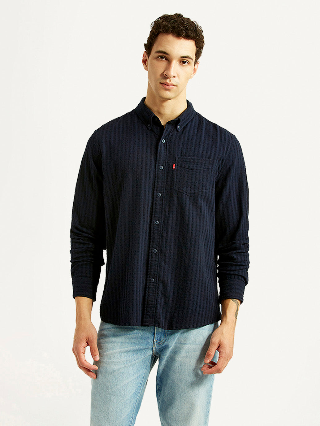 Men's Self Design Navy Slim Fit Shirt - Front View