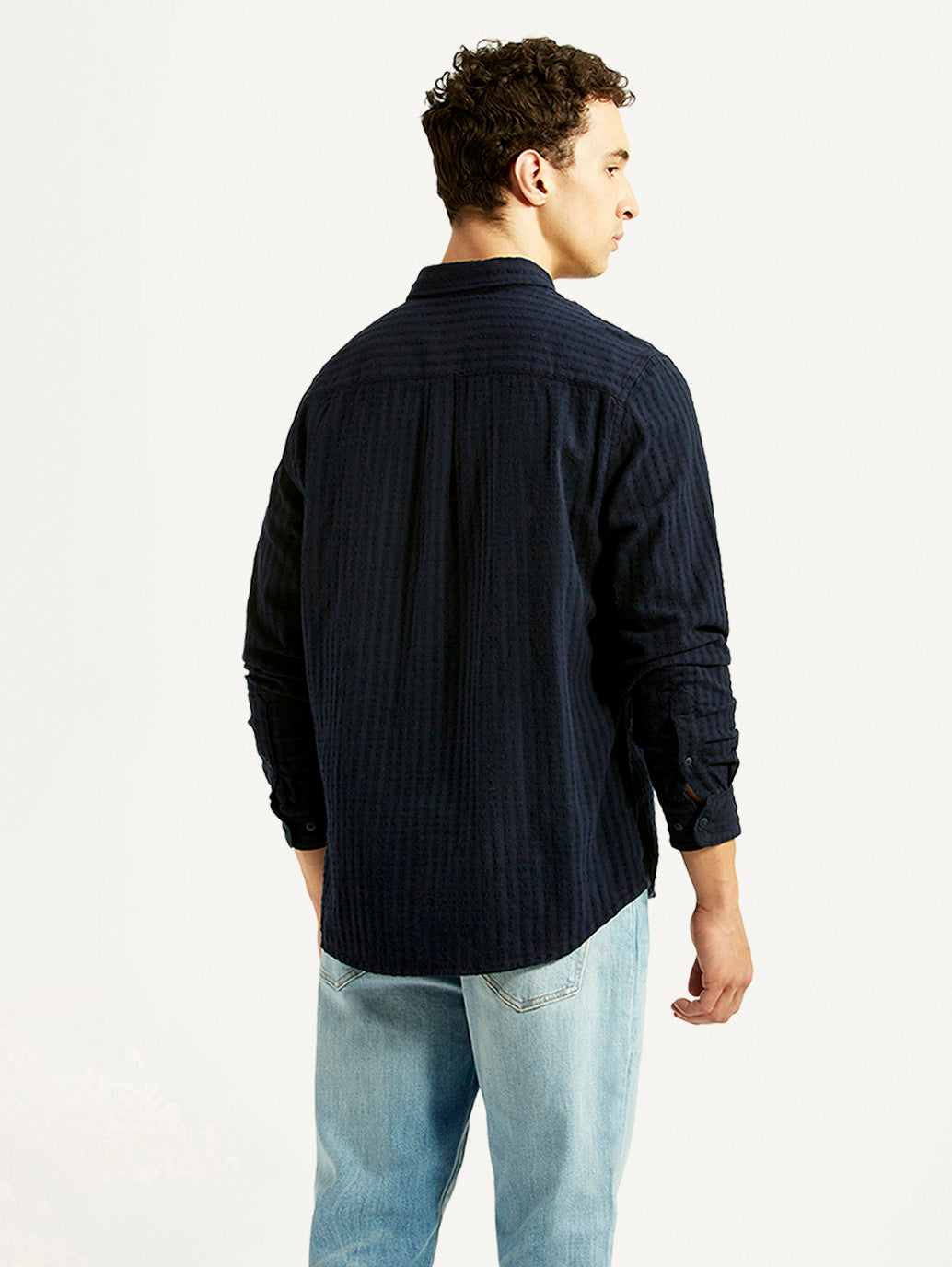 Men's Self Design Navy Slim Fit Shirt - Back View