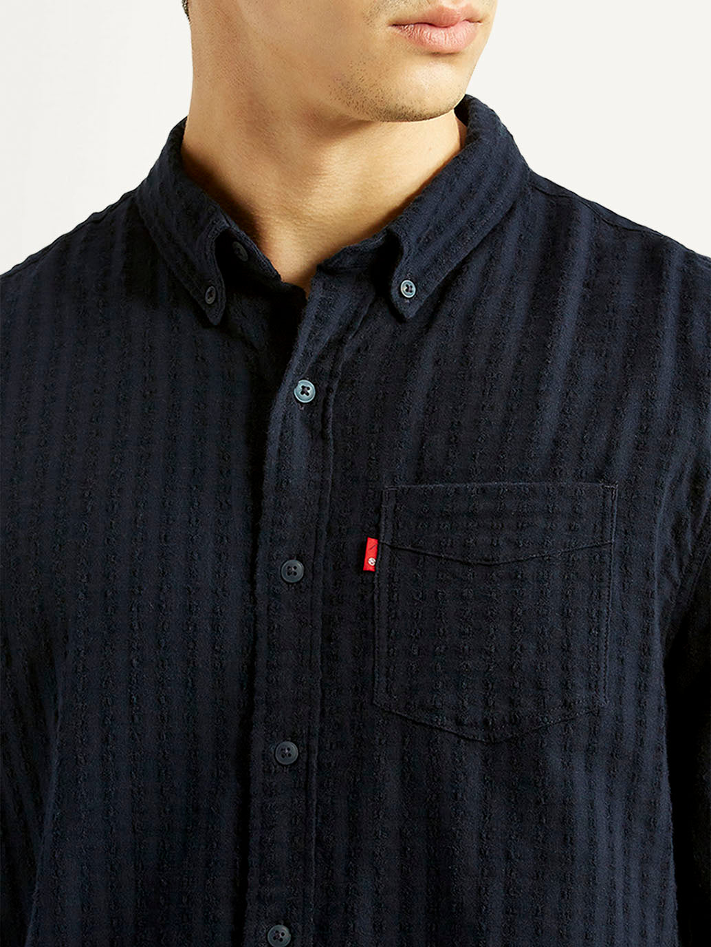 Men's Self Design Navy Slim Fit Shirt - Detail View