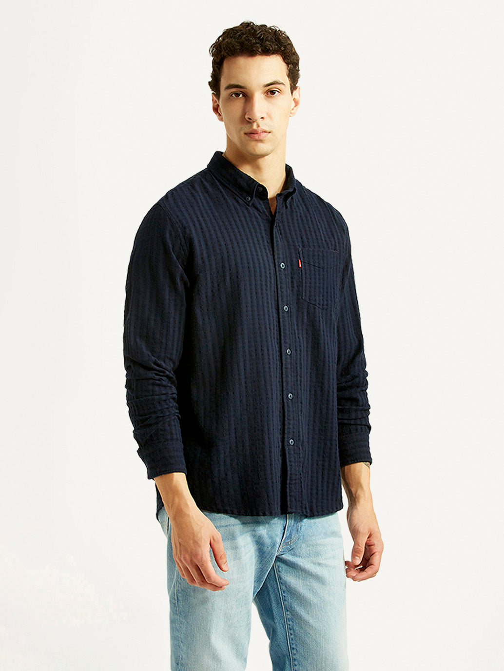 Men's Self Design Navy Slim Fit Shirt - Side View