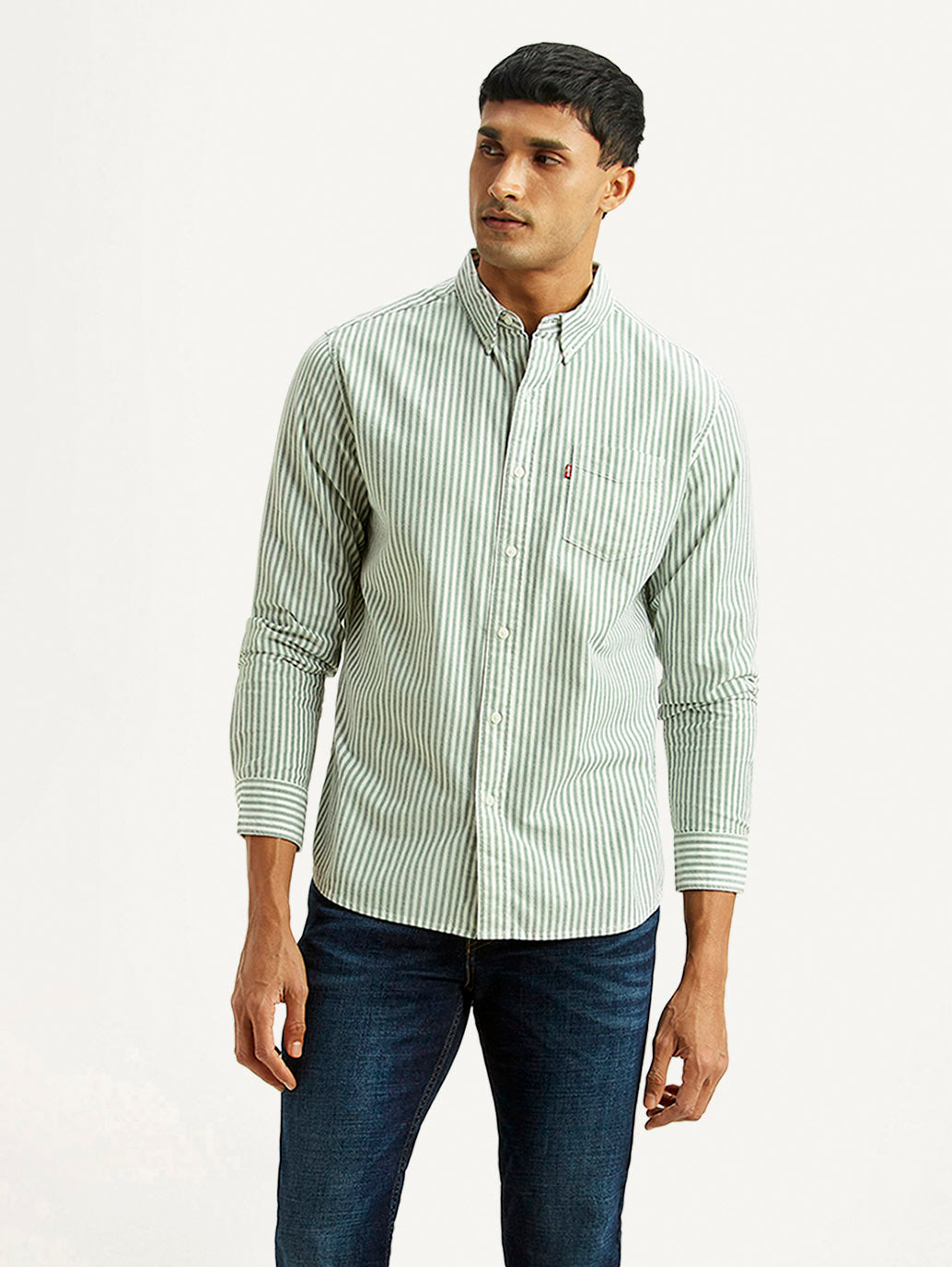 Men's Striped Light Green Slim Fit Shirt - Styleshot View