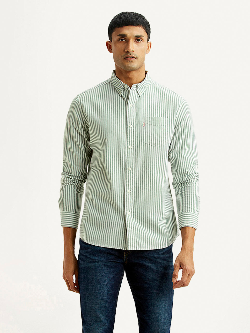 Men's Striped Light Green Slim Fit Shirt - Front View