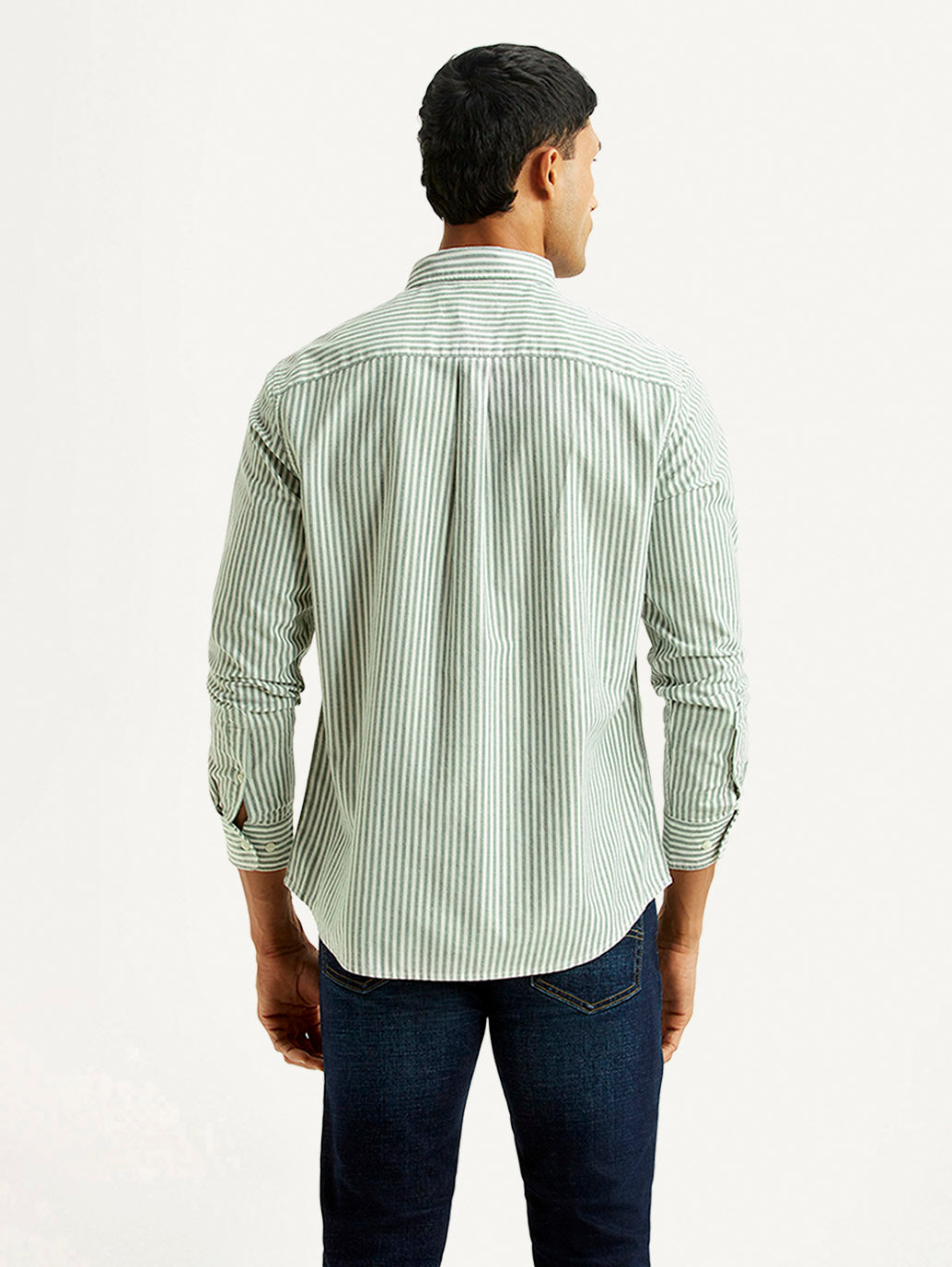 Men's Striped Light Green Slim Fit Shirt - Back View