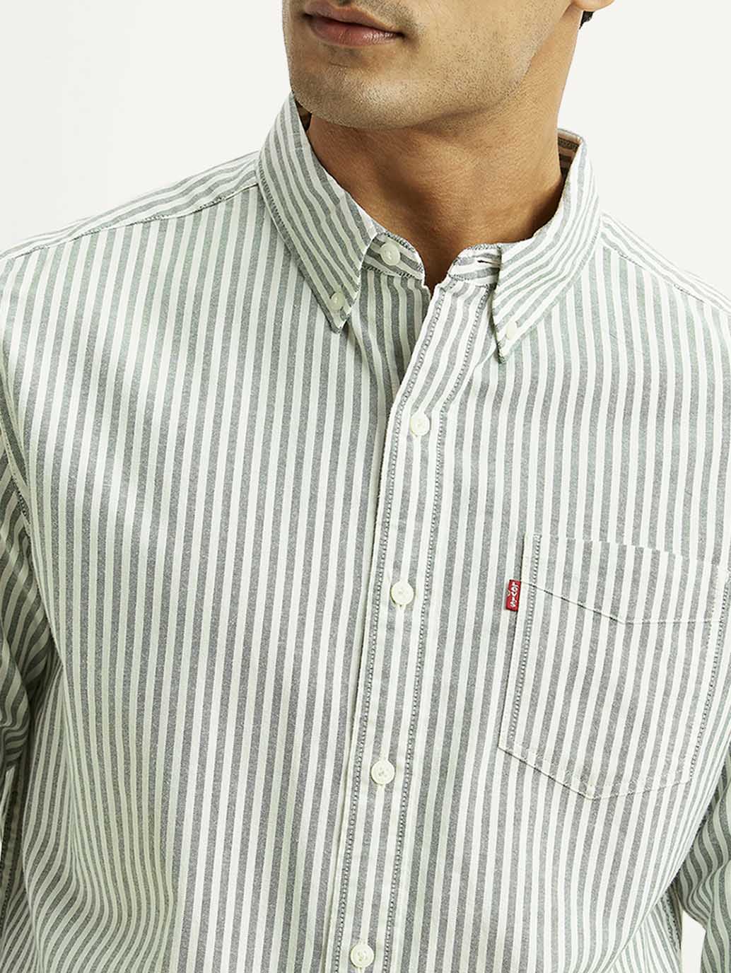 Men's Striped Light Green Slim Fit Shirt - Detail View