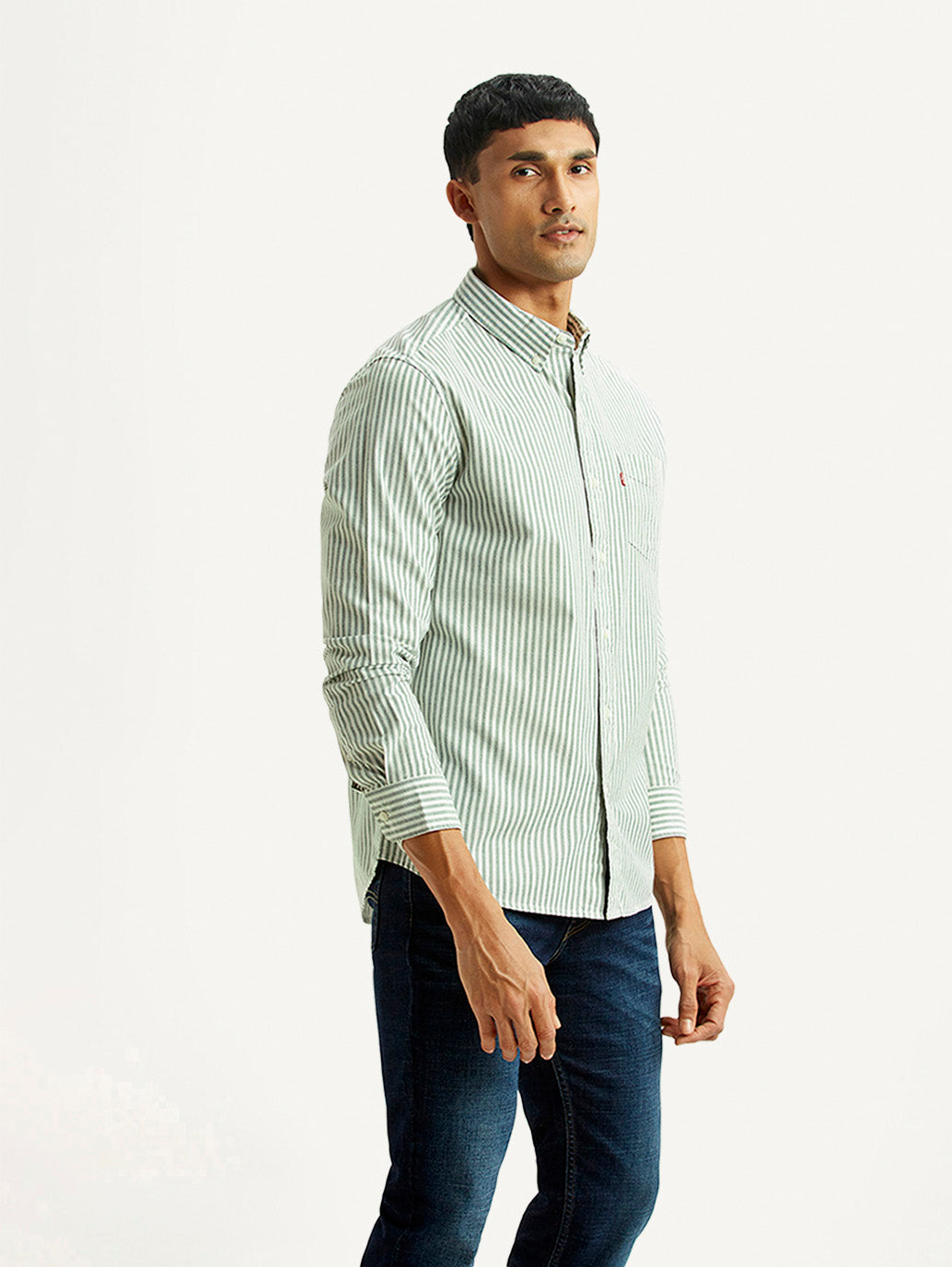 Men's Striped Light Green Slim Fit Shirt - Side View