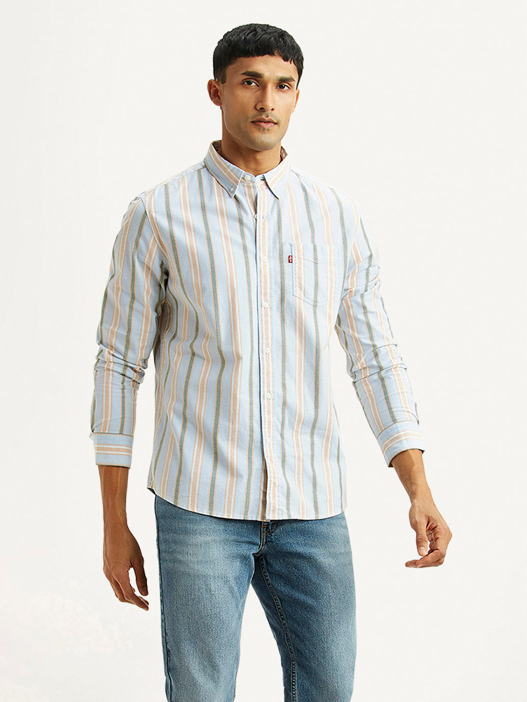 Men's Striped Light Blue Slim Fit Oxford Shirt