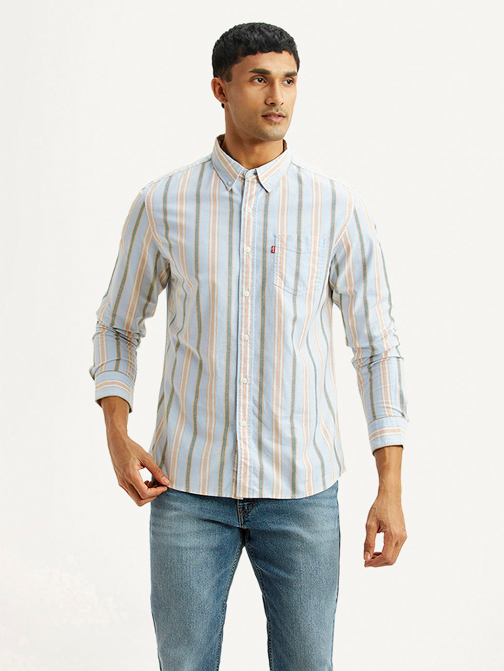 Men's Striped Light Blue Slim Fit Shirt - Front View