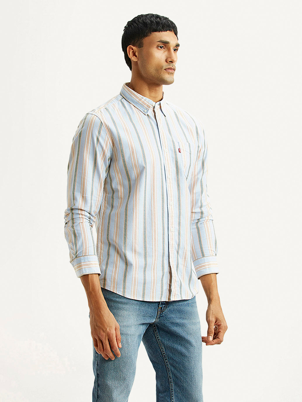 Men's Striped Light Blue Slim Fit Shirt - Side View