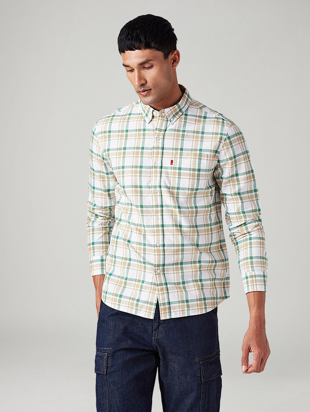 Men's Checkered Slim Fit Oxford Shirt - Front View