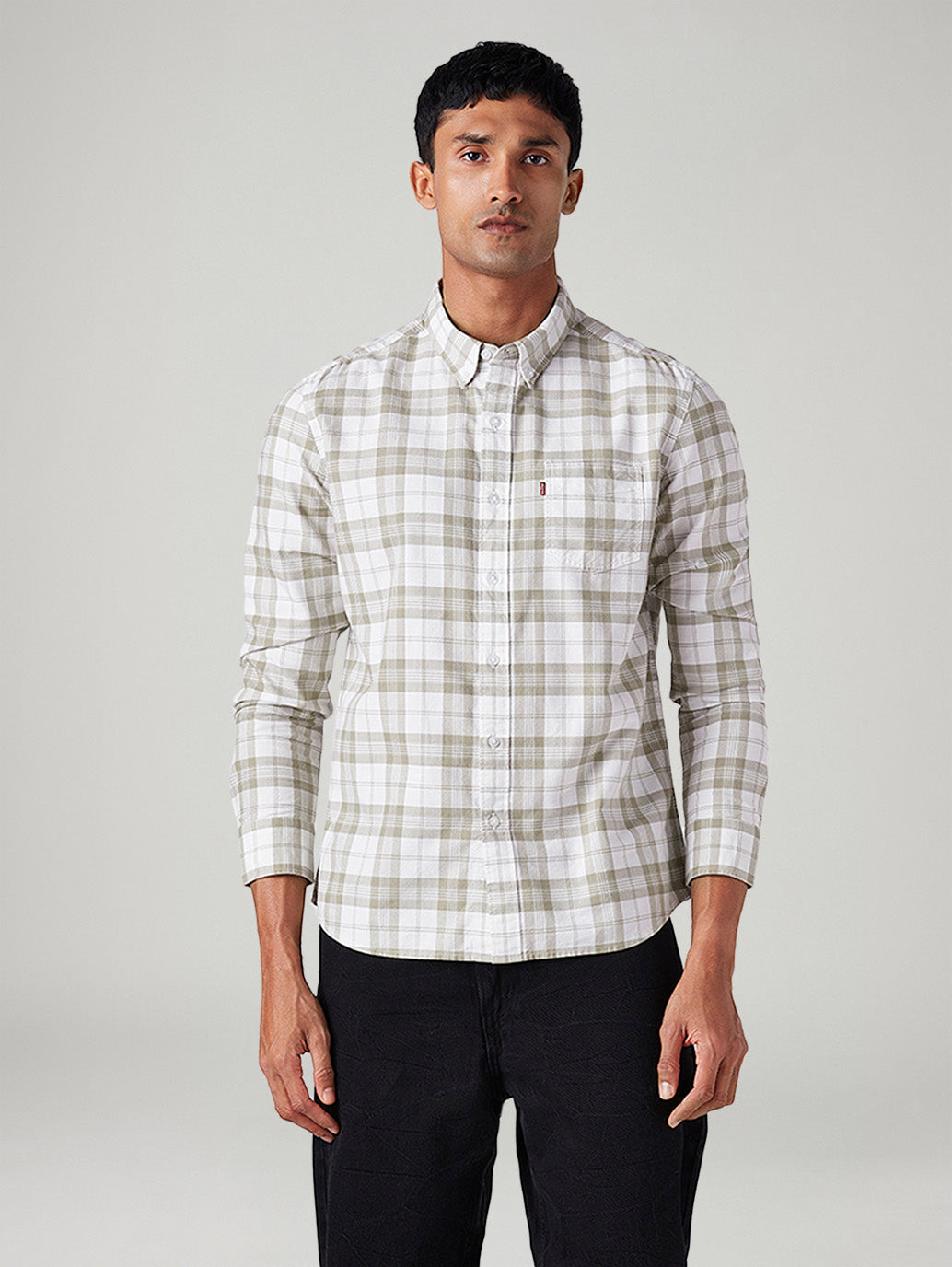 Men's Checkered Slim Fit Oxford Shirt - Front View