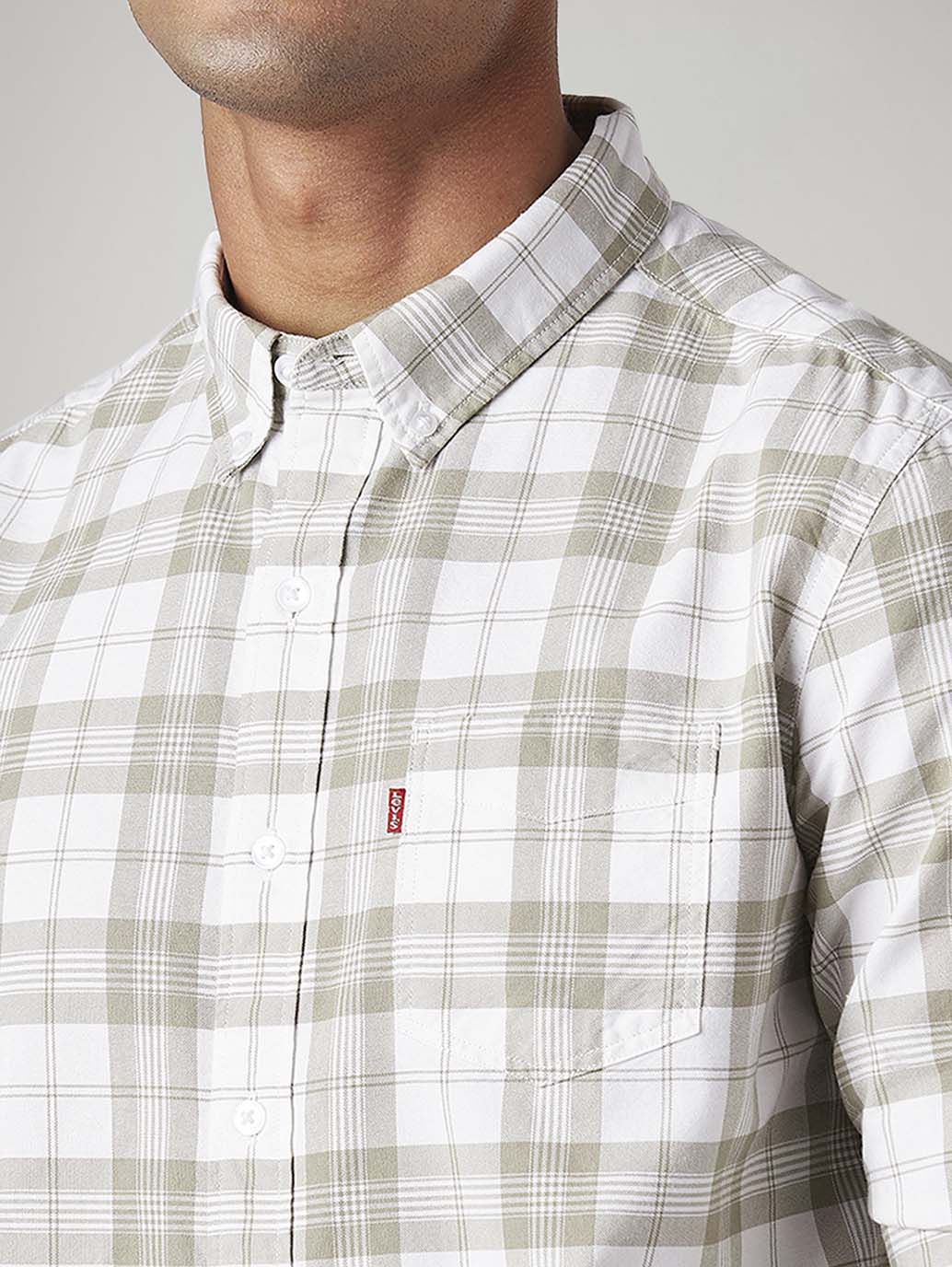 Men's Checkered Slim Fit Oxford Shirt - Detail View