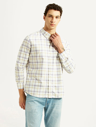 Men's Checkered Off-White Slim Fit Shirt-image-1