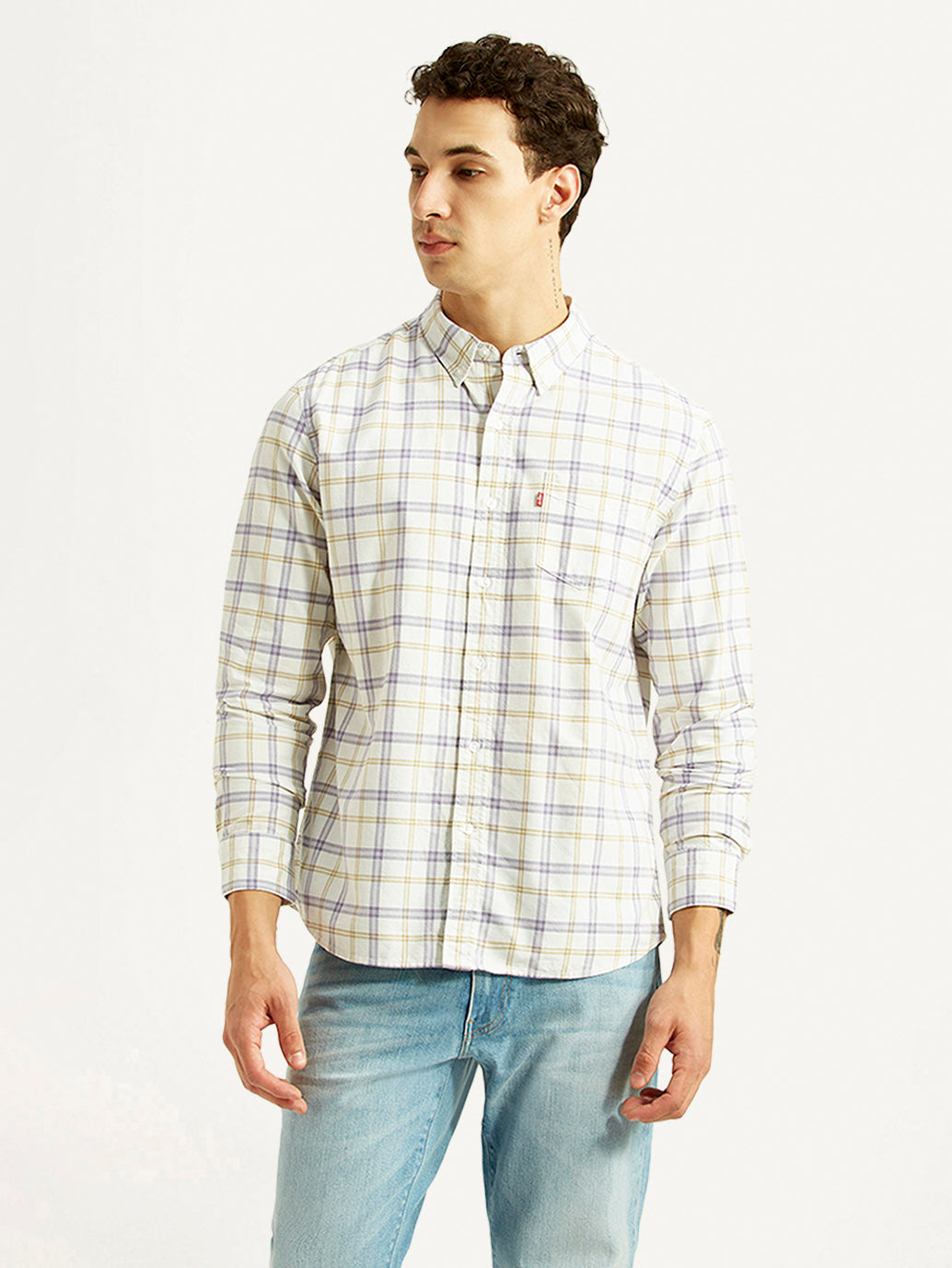 Men's Checkered Off-White Slim Fit Shirt - Front View