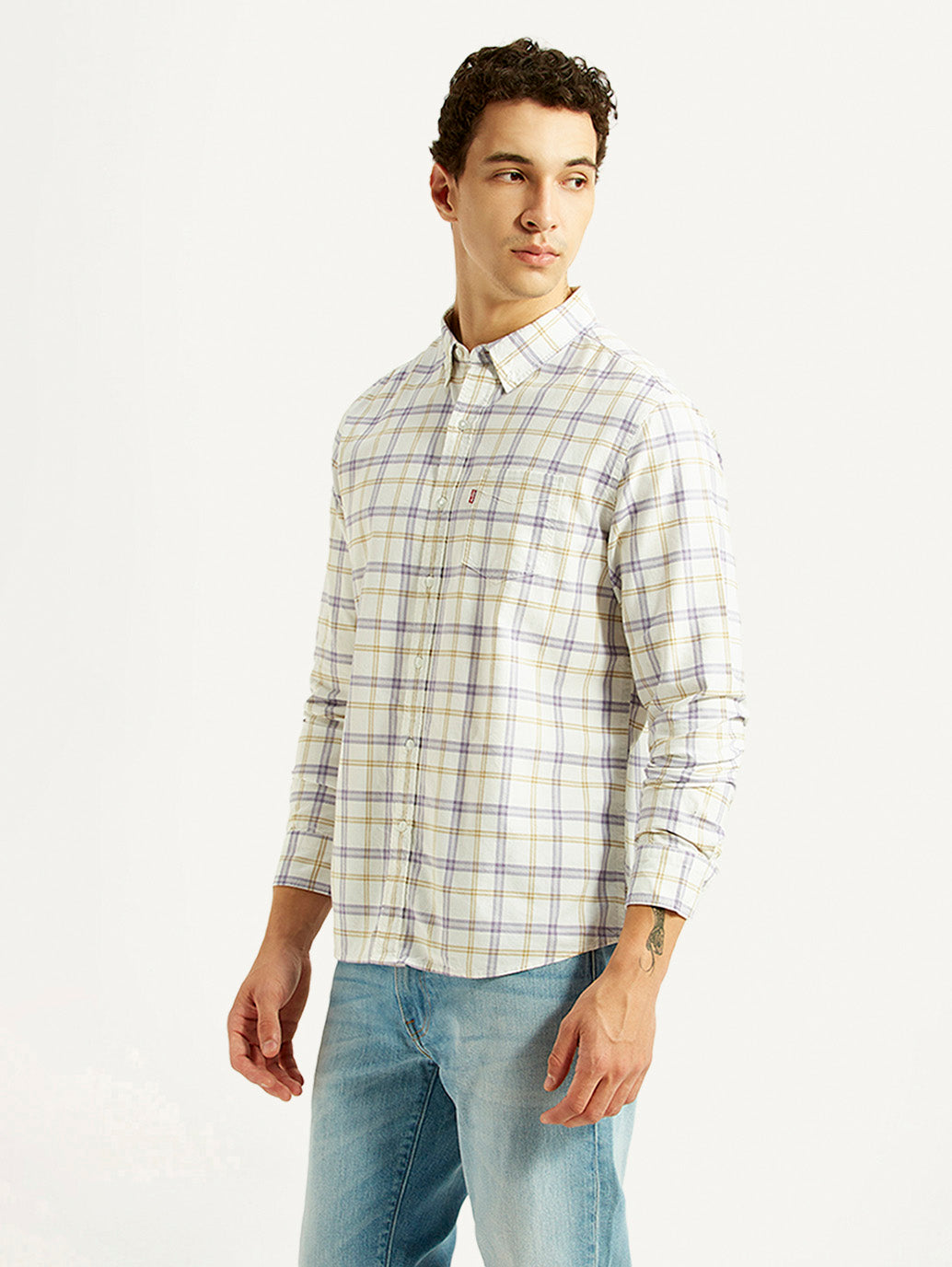 Men's Checkered Off-White Slim Fit Shirt - Side View