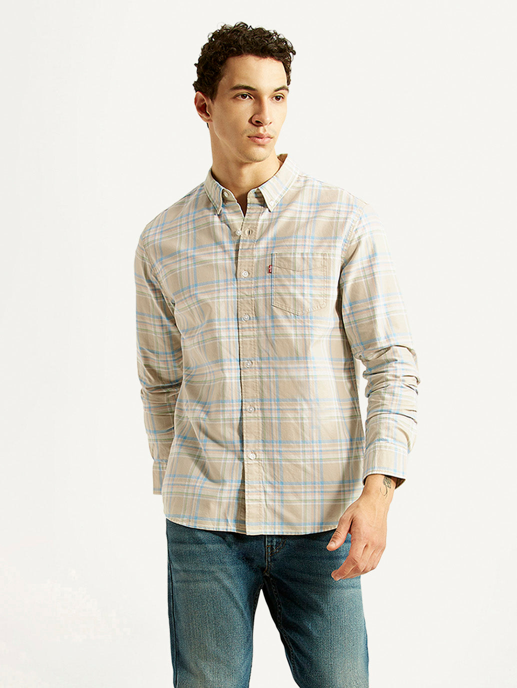 Men's Checkered Beige Slim Fit Shirt - Styleshot View