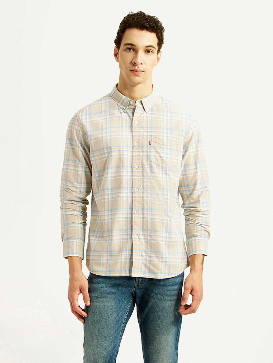 Men's Checkered Beige Slim Fit Shirt - Front View