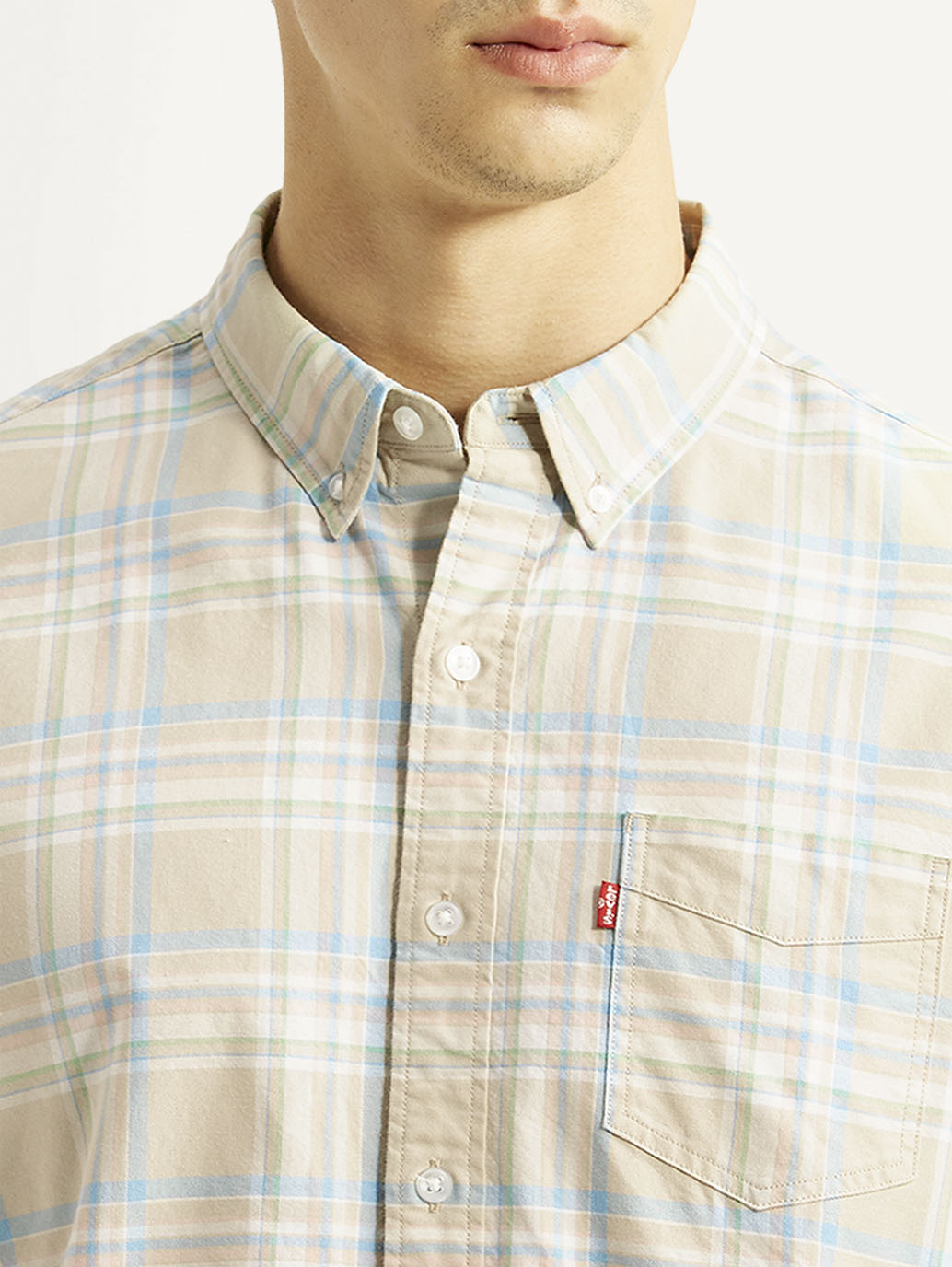 Men's Checkered Beige Slim Fit Shirt - Detail View