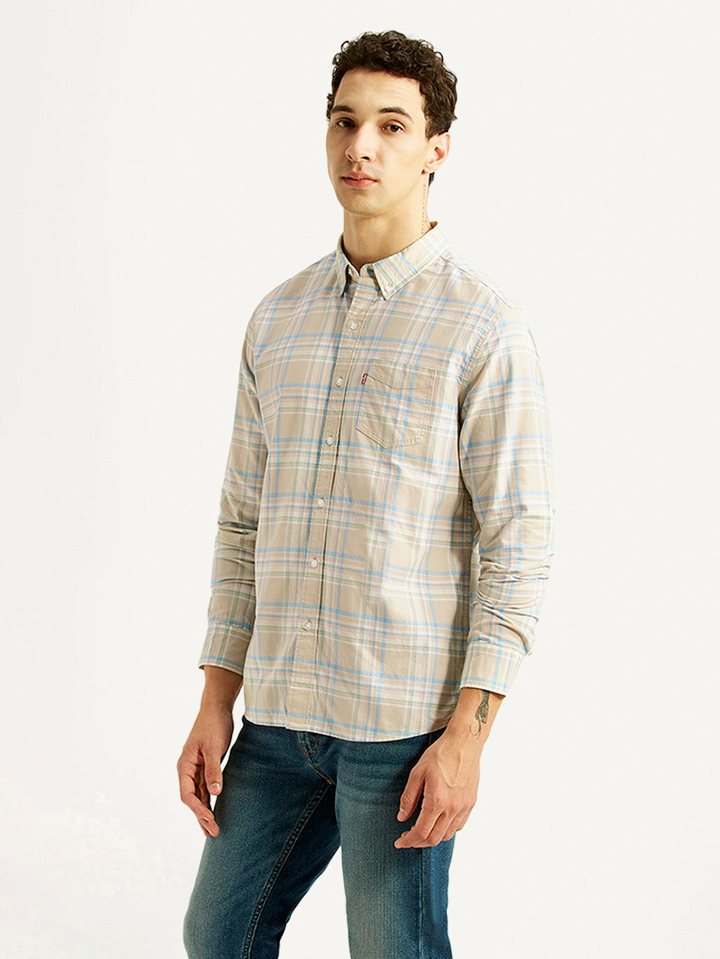 Men's Checkered Beige Slim Fit Shirt - Side View