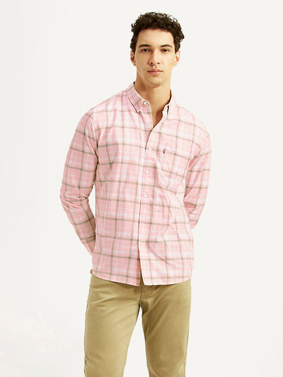 Men's Checkered Pink Slim Fit Shirt-image-5