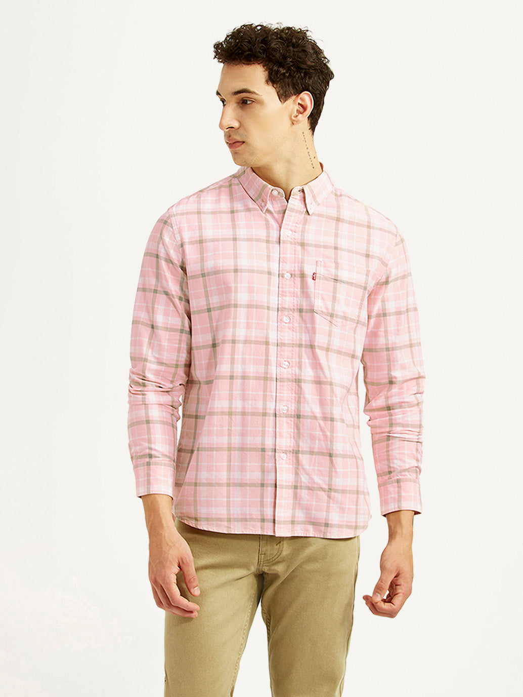 Men's Checkered Pink Slim Fit Shirt - Front View
