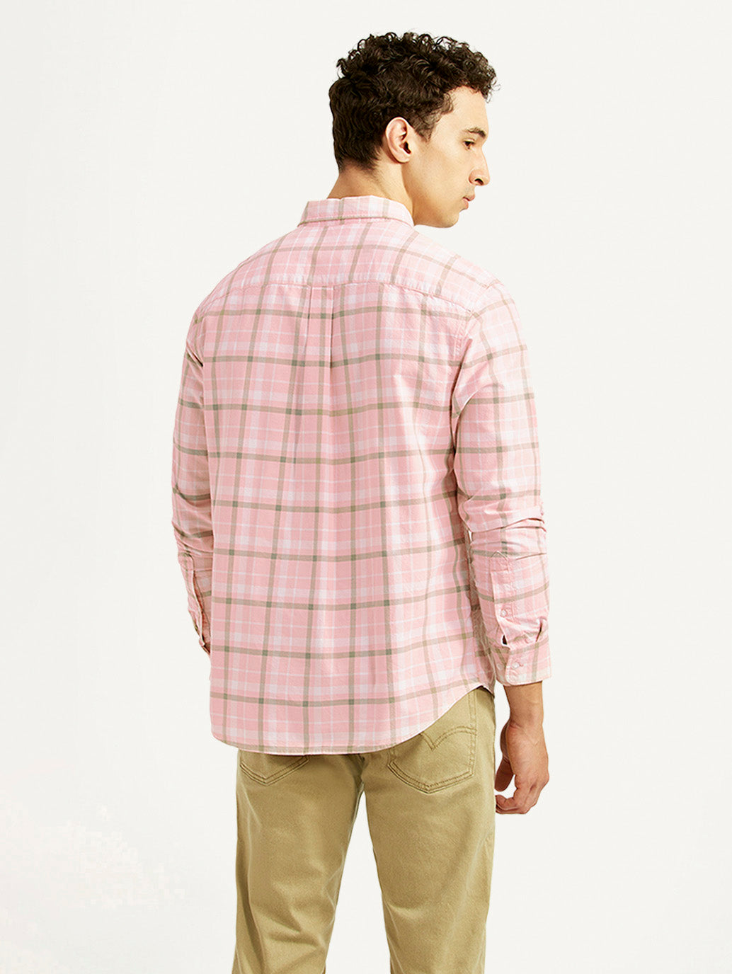 Men's Checkered Pink Slim Fit Shirt - Back View