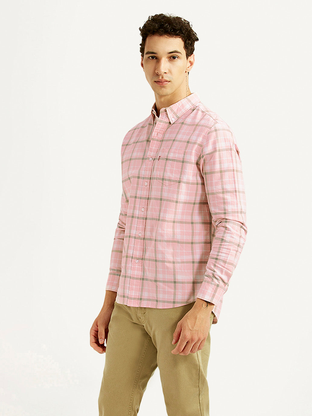 Men's Checkered Pink Slim Fit Shirt - Side View