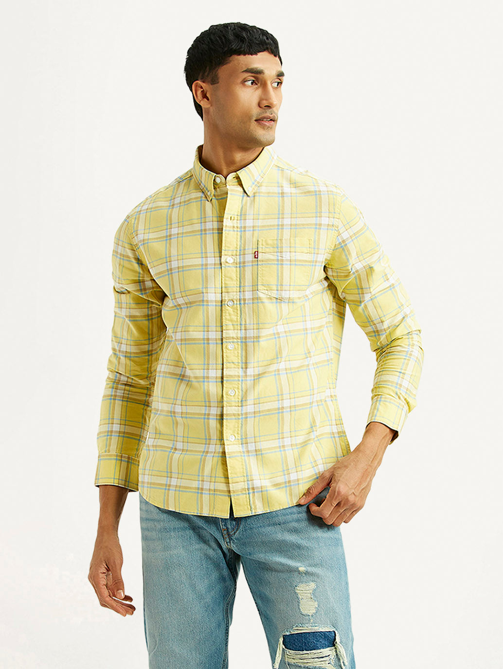 Men's Checkered Yellow Slim Fit Shirt - Styleshot View