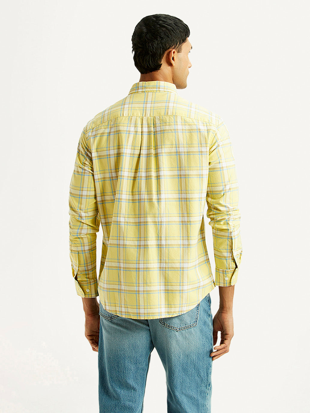 Men's Checkered Yellow Slim Fit Shirt - Back View