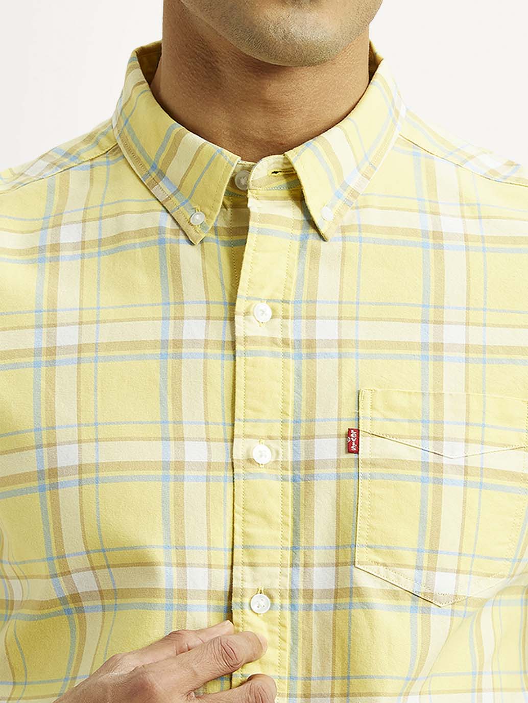 Men's Checkered Yellow Slim Fit Shirt - Detail View