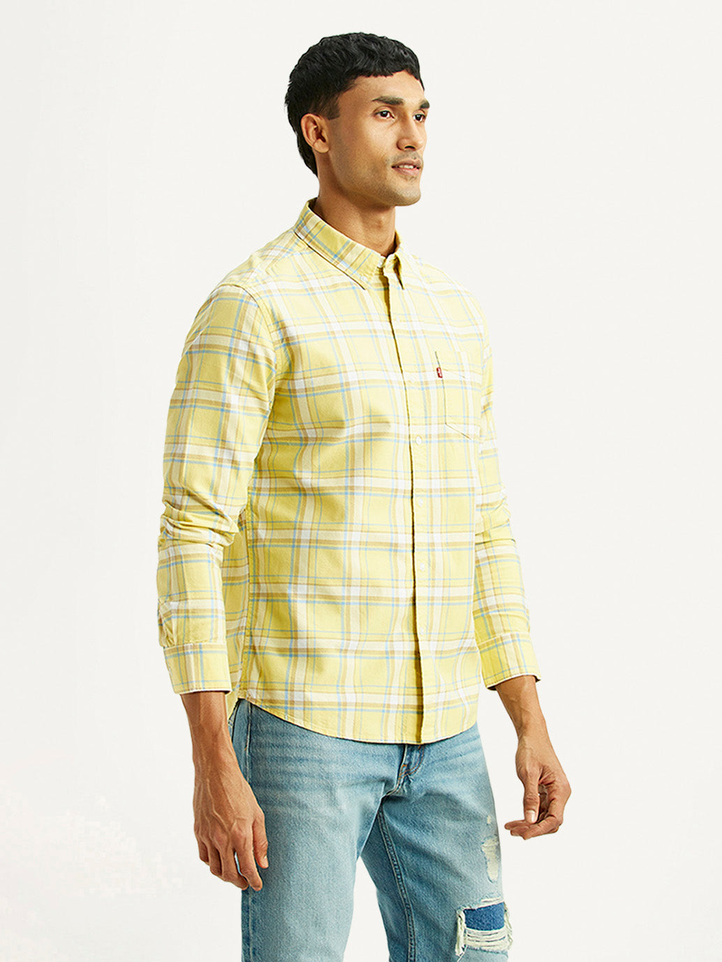 Men's Checkered Yellow Slim Fit Shirt - Side View