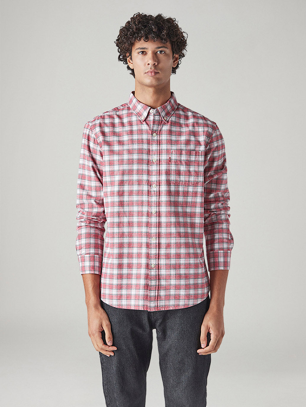 Men's Checkered Slim Fit Textured Shirt - Front View