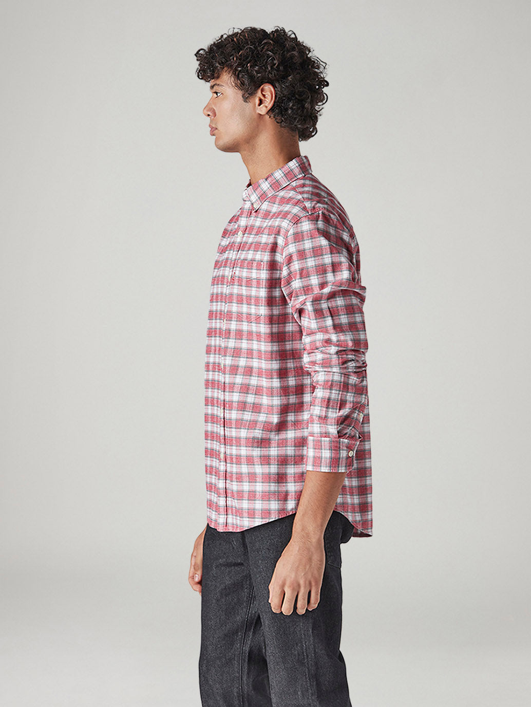Men's Checkered Slim Fit Textured Shirt - Side View