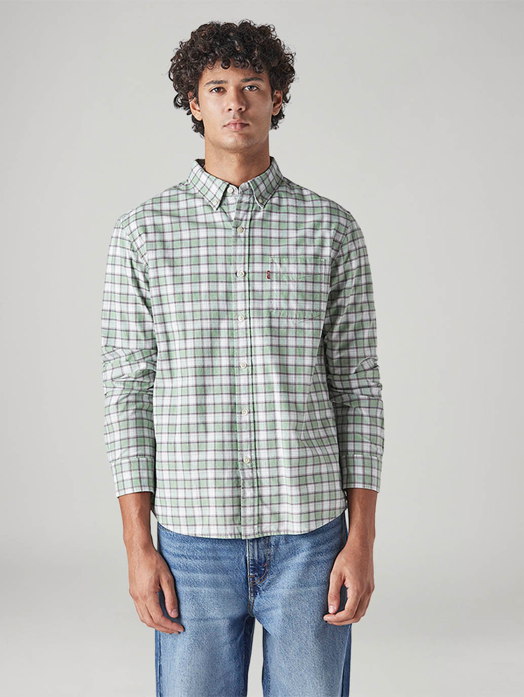 Men's Checkered Slim Fit Textured Shirt - Front View