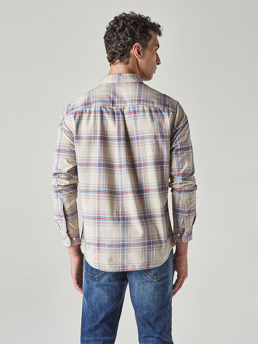 Men's Checkered Slim Fit Oxford Shirt - Back View