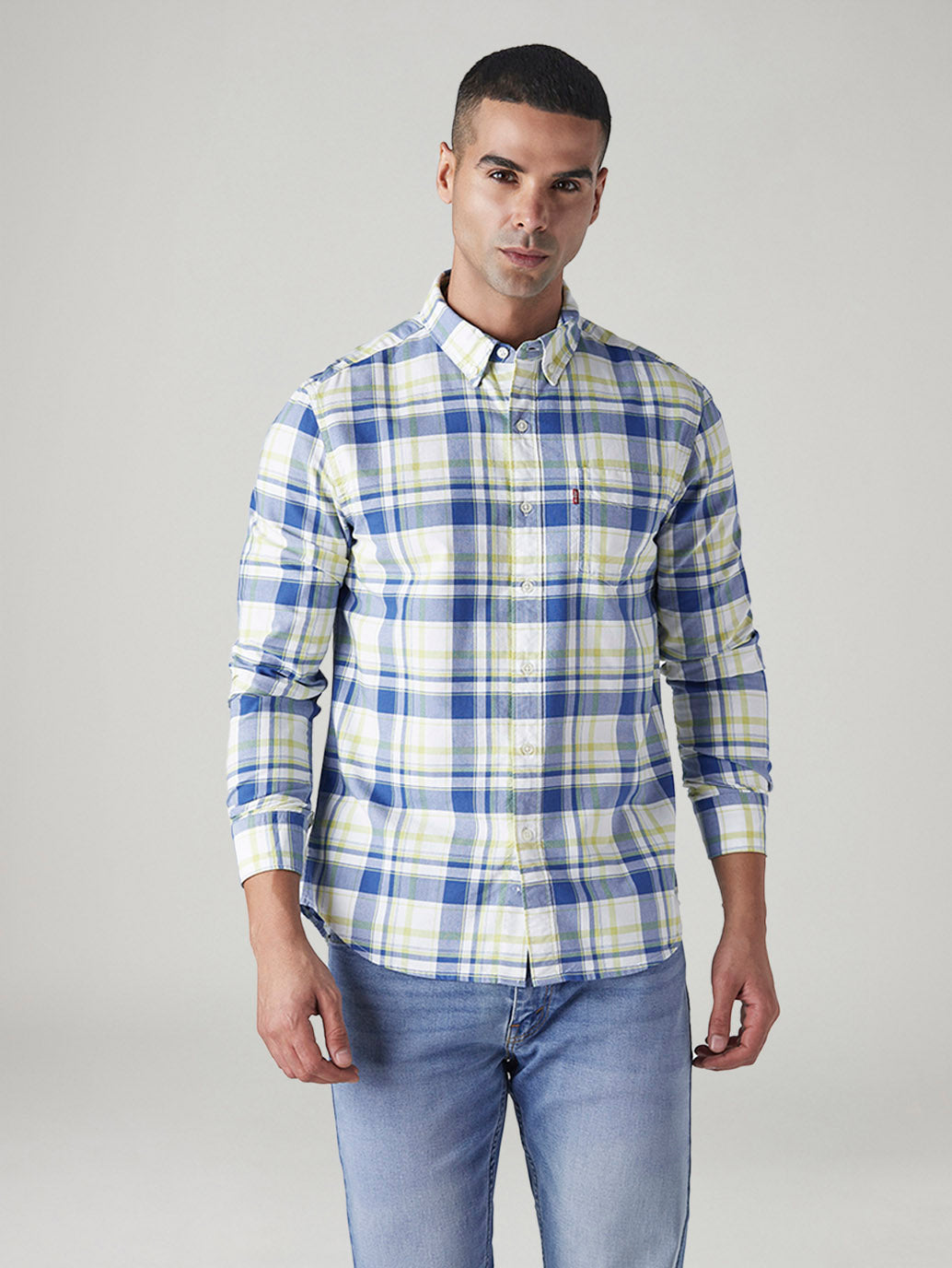 Men's Checkered Slim Fit Oxford Shirt - Front View