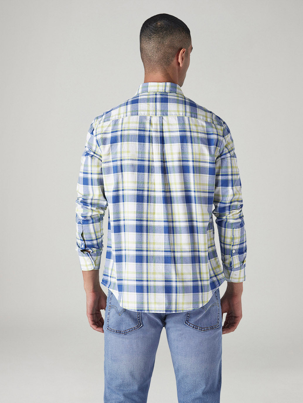Men's Checkered Slim Fit Oxford Shirt - Back View