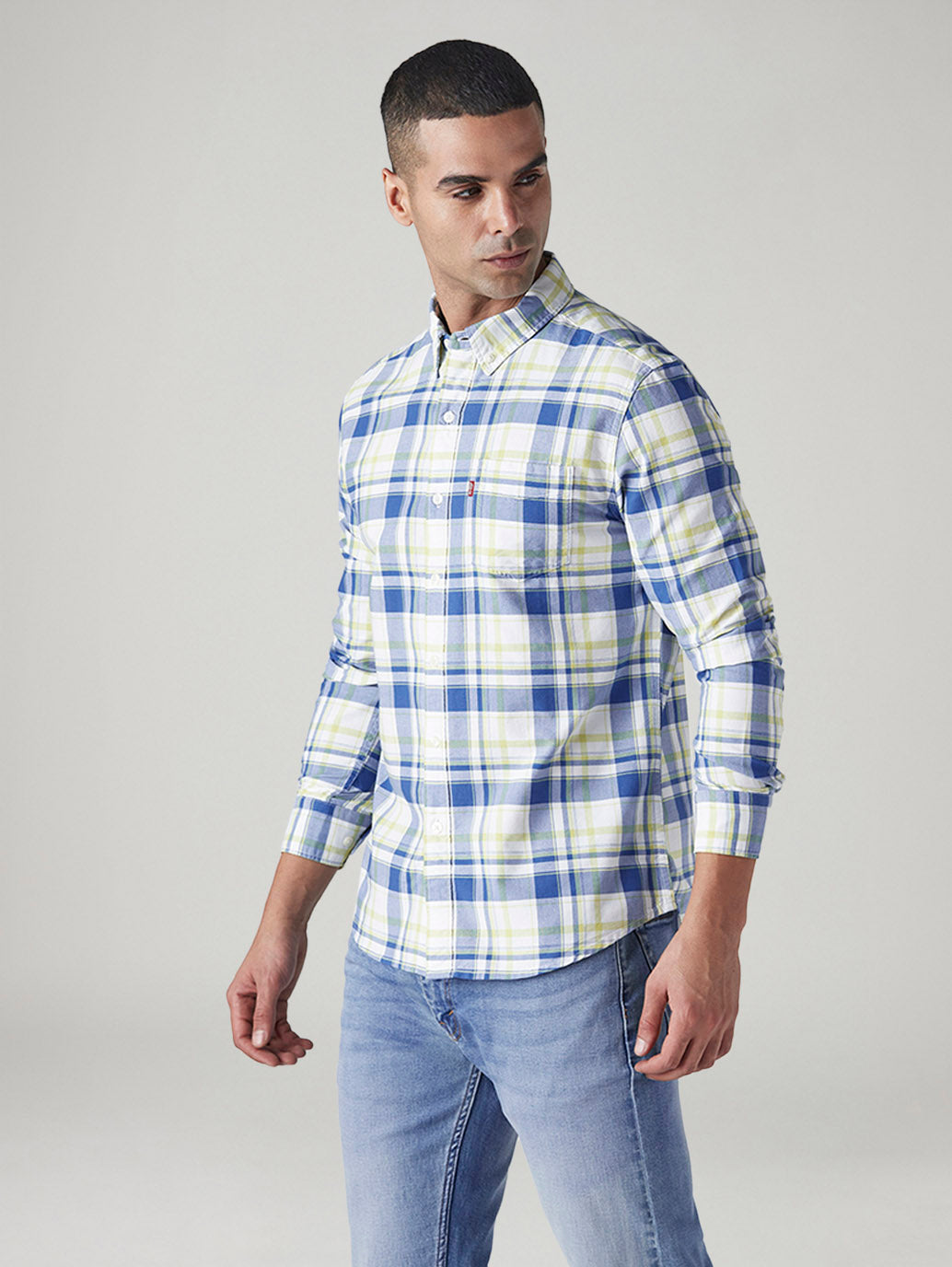 Men's Checkered Slim Fit Oxford Shirt - Side View