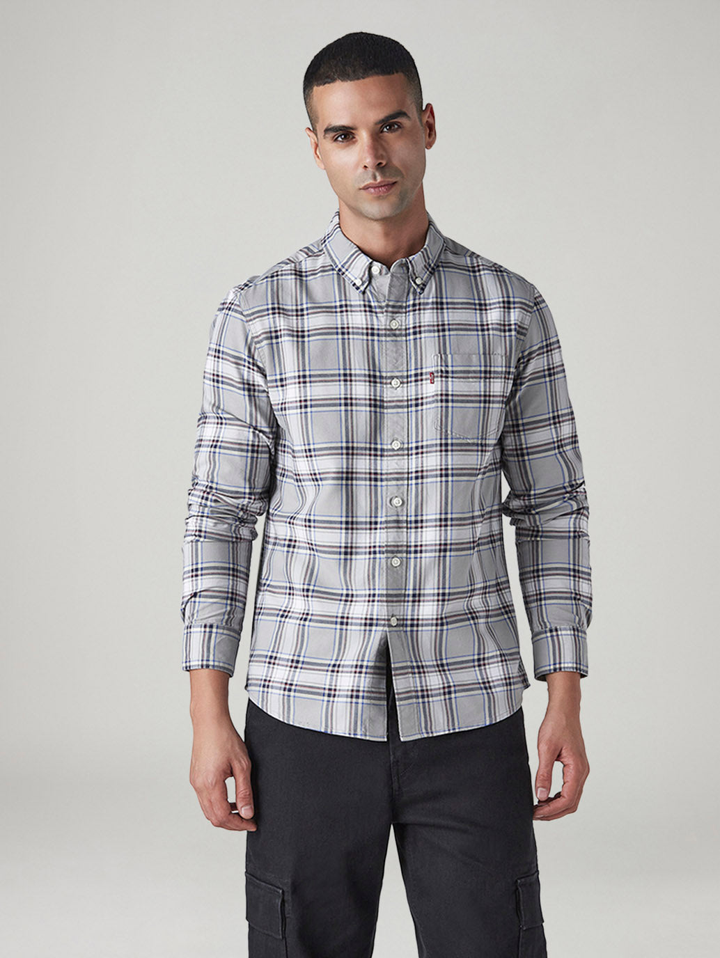 Men's Checkered Slim Fit Oxford Shirt - Front View