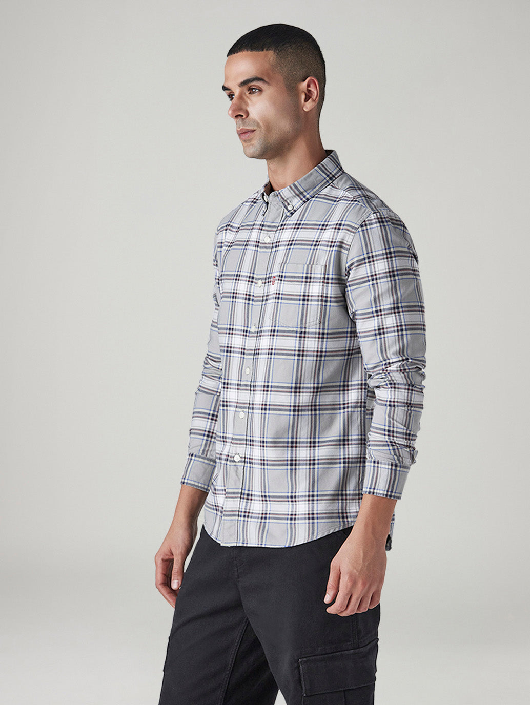Men's Checkered Slim Fit Oxford Shirt - Side View