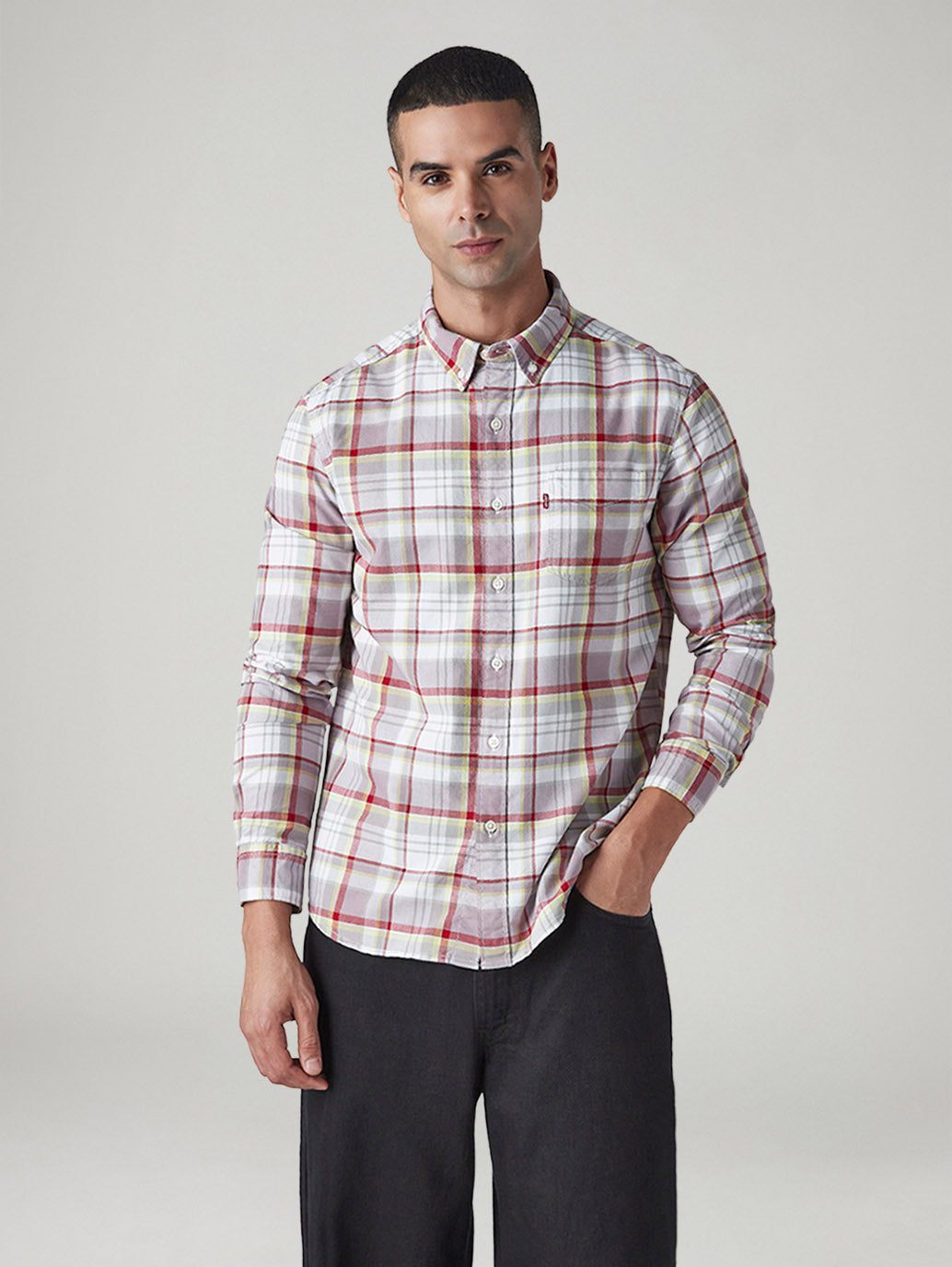 Men's Checkered Slim Fit Oxford Shirt - Front View