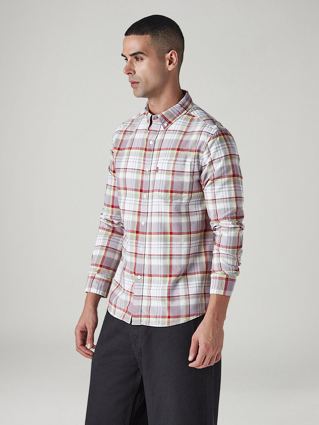 Men's Checkered Slim Fit Oxford Shirt - Side View