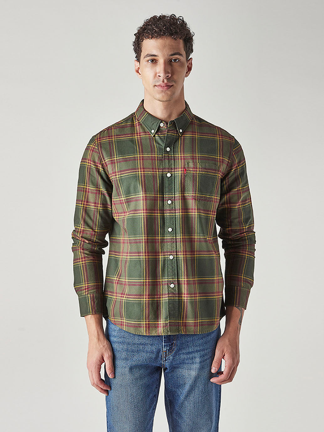 Men's Checkered Slim Fit Oxford Shirt - Front View