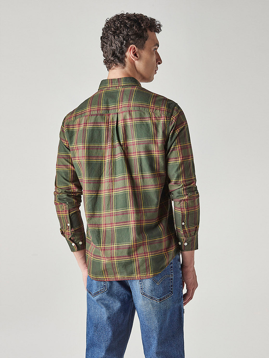 Men's Checkered Slim Fit Oxford Shirt - Back View
