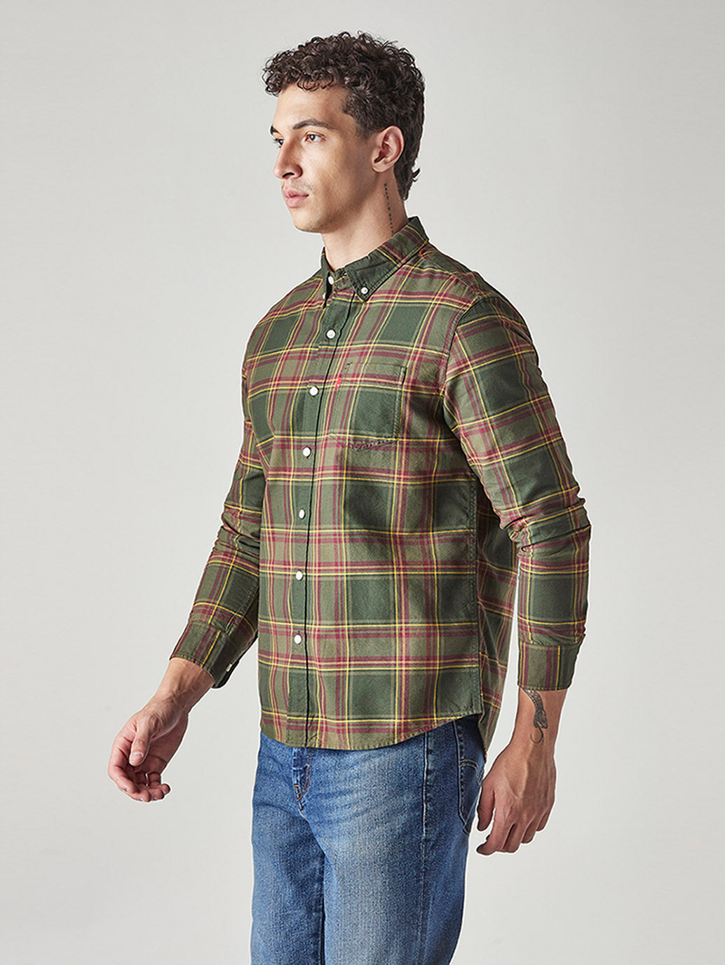 Men's Checkered Slim Fit Oxford Shirt - Side View